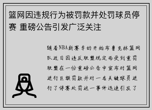 篮网因违规行为被罚款并处罚球员停赛 重磅公告引发广泛关注