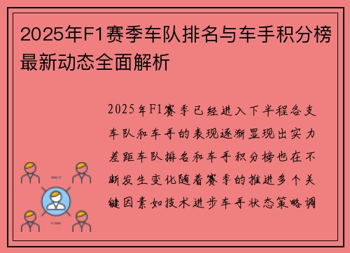 2025年F1赛季车队排名与车手积分榜最新动态全面解析